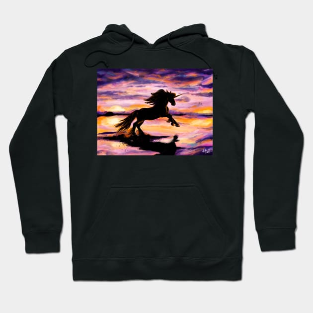 Black Unicorn at Sunset Beach Hoodie by Lady Lilac